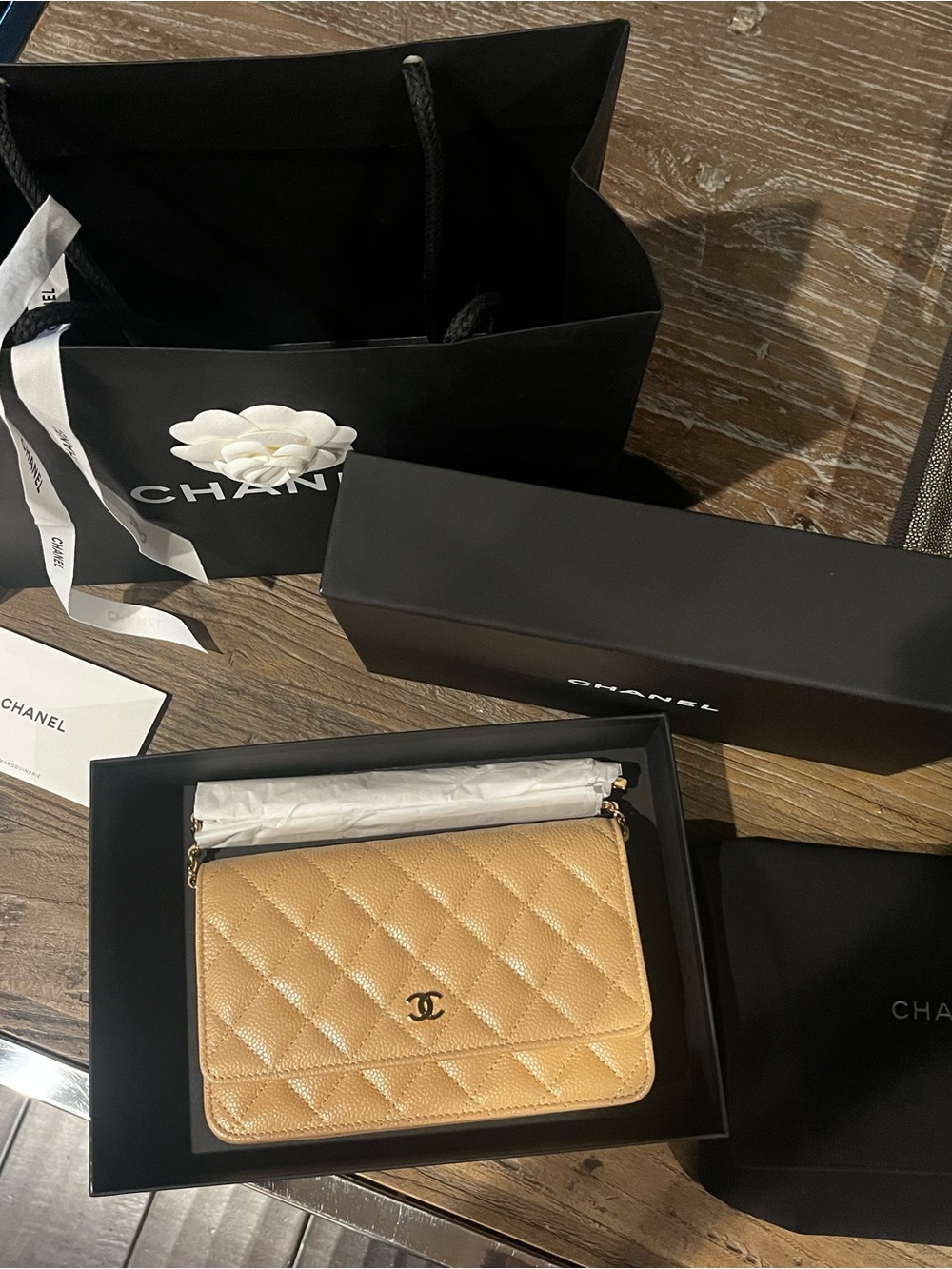 CHANEL Beige Quilted Caviar Leather Crossbody Wallet with Gold CC